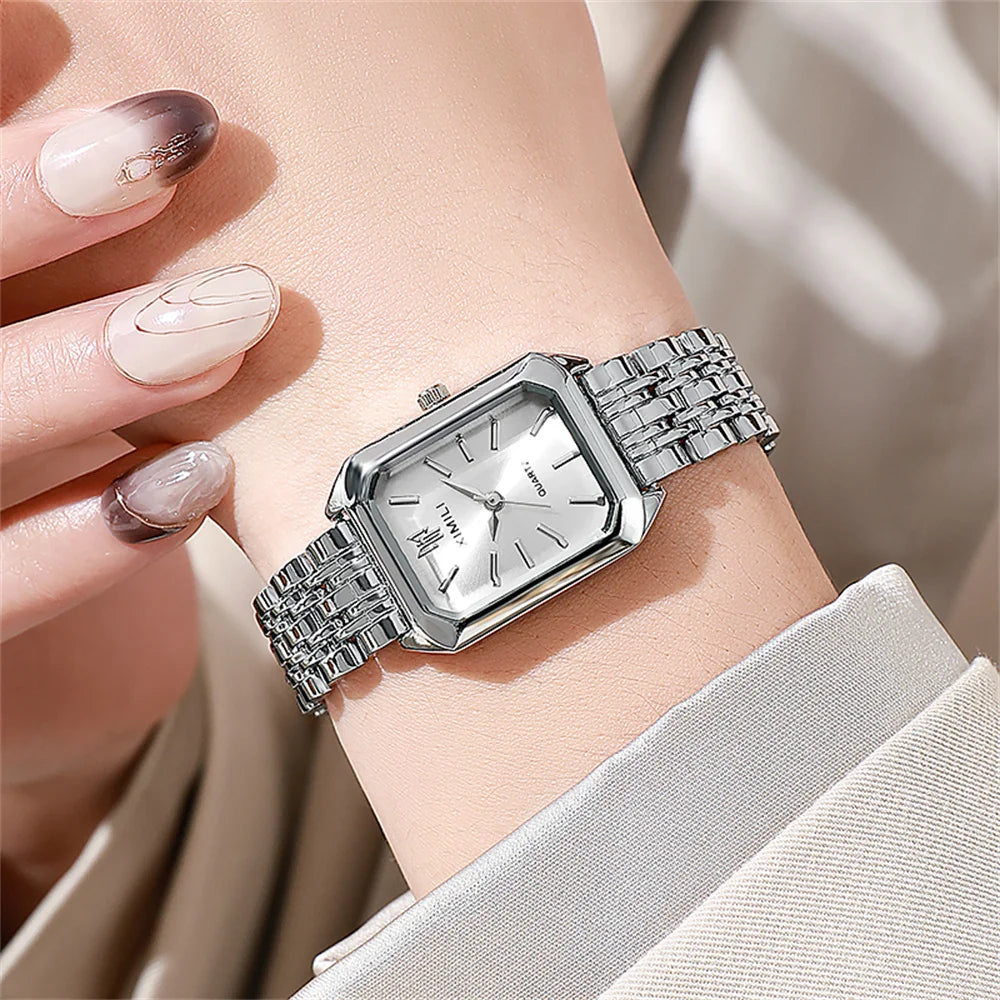 Luxury Gold-Plated Women’s Quartz Watch – Elegant Square Dial Stainless Steel Bracelet, Classic Business Fashion Timepiece