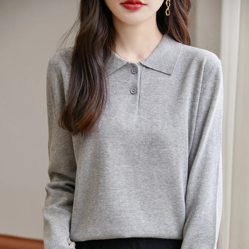 100% Cotton Polo Collar Sweater for Women – Casual Solid Knit Pullover | Long Sleeve Spring & Autumn Knitwear Top