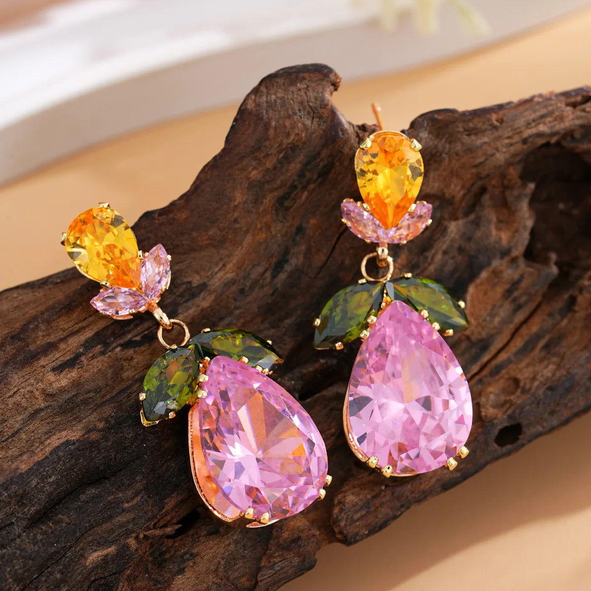 Luxury vintage zircon flower and leaf drop earrings – elegant jewelry for women