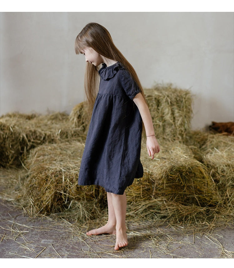 Toddler Girls Cotton Linen Ruffle Dress – Puff Sleeve Summer Dress