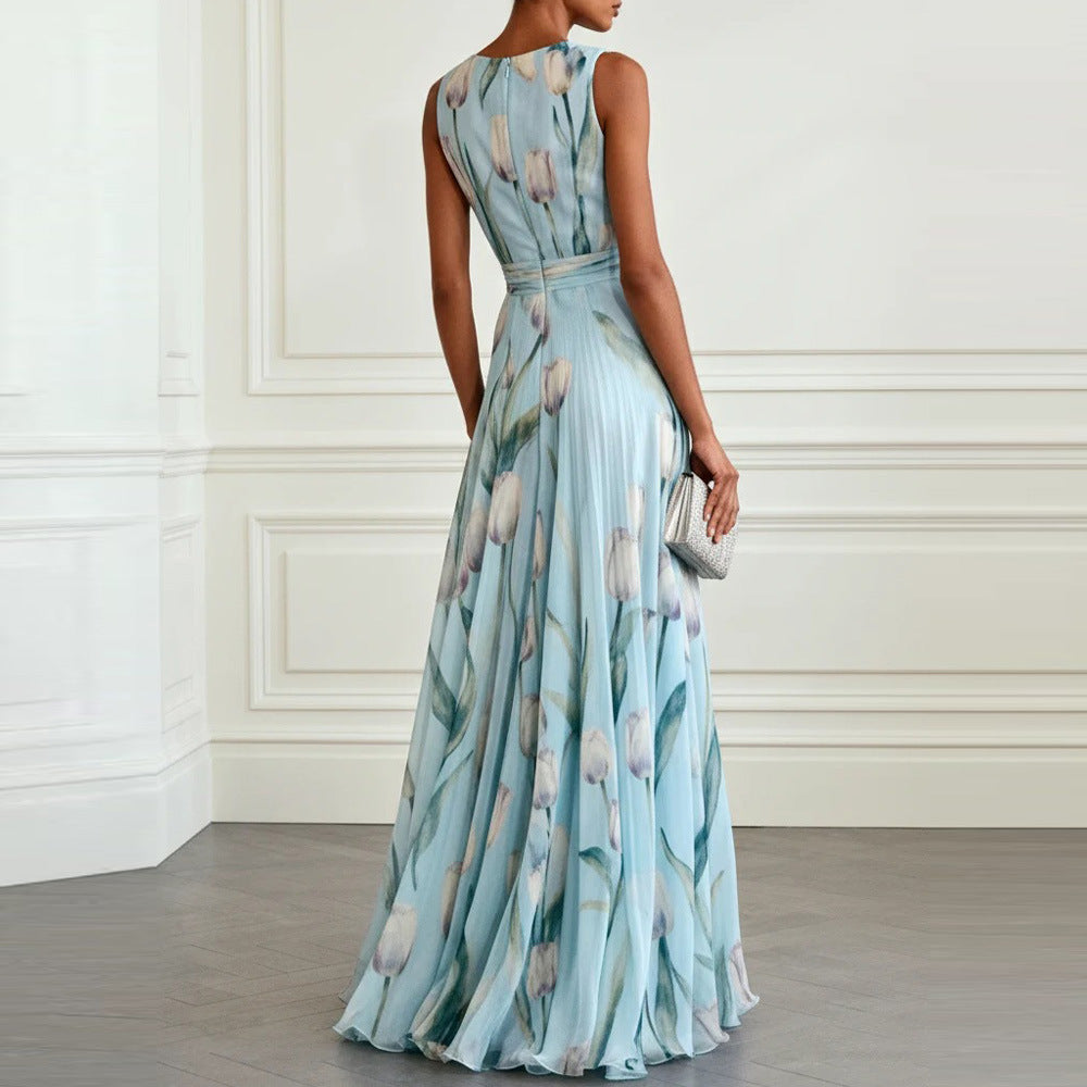 Bluesy Tulip Print Chiffon Maxi Dress – Elegant Sleeveless V-Neck Flowing Gown