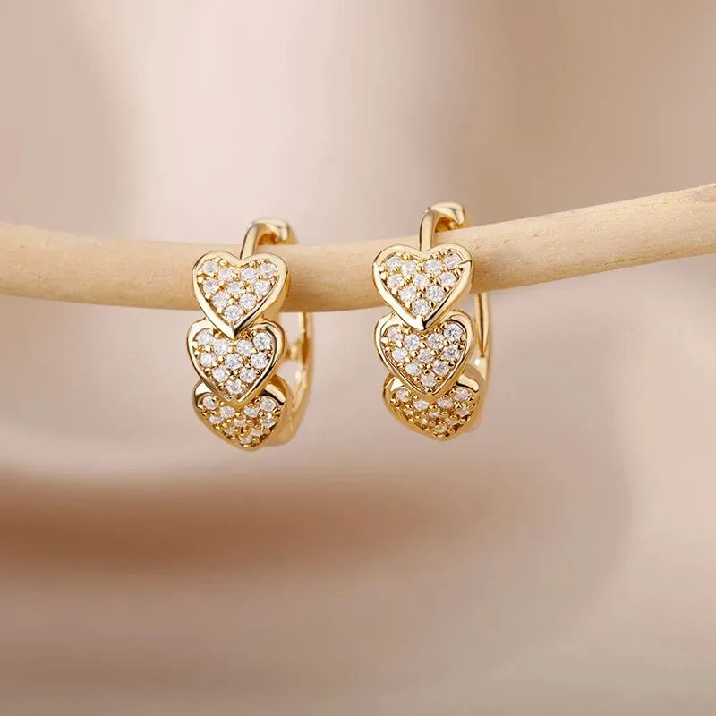 Hollow Zircon Heart Earrings – Gold Stainless Steel Luxury Jewelry for Women