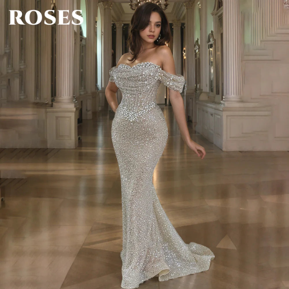 ROSES Pearl Gorgeous Prom Dress Sweetheart Off the Shoulder Hollow Prom Gown with Fishbone Shiny Sequins Formal Gown Customized