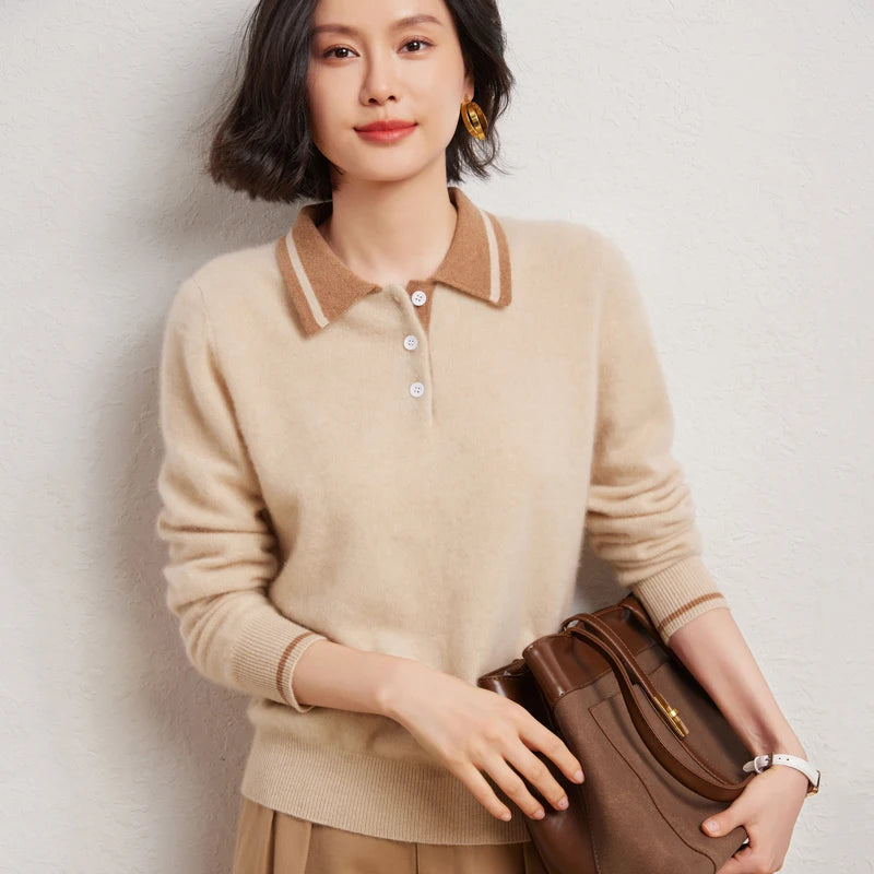 Soft 30% cashmere, 70% wool fabric with contrast color collar detailing