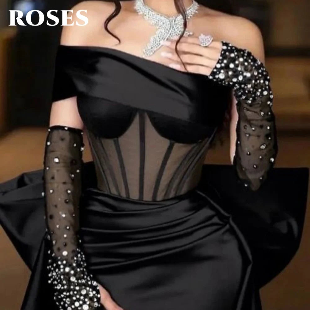 ROSES Burgundy Stain Mermaid Prom Dresses with Bow Shining Beading On Sleeve Evening Dress One Shoulder Sweetheart فساتين الحف
