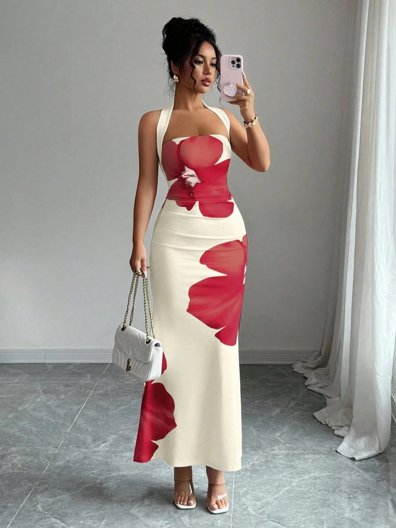 Floral Halterneck Maxi Dress – Slim Fit High Waist Evening Gown