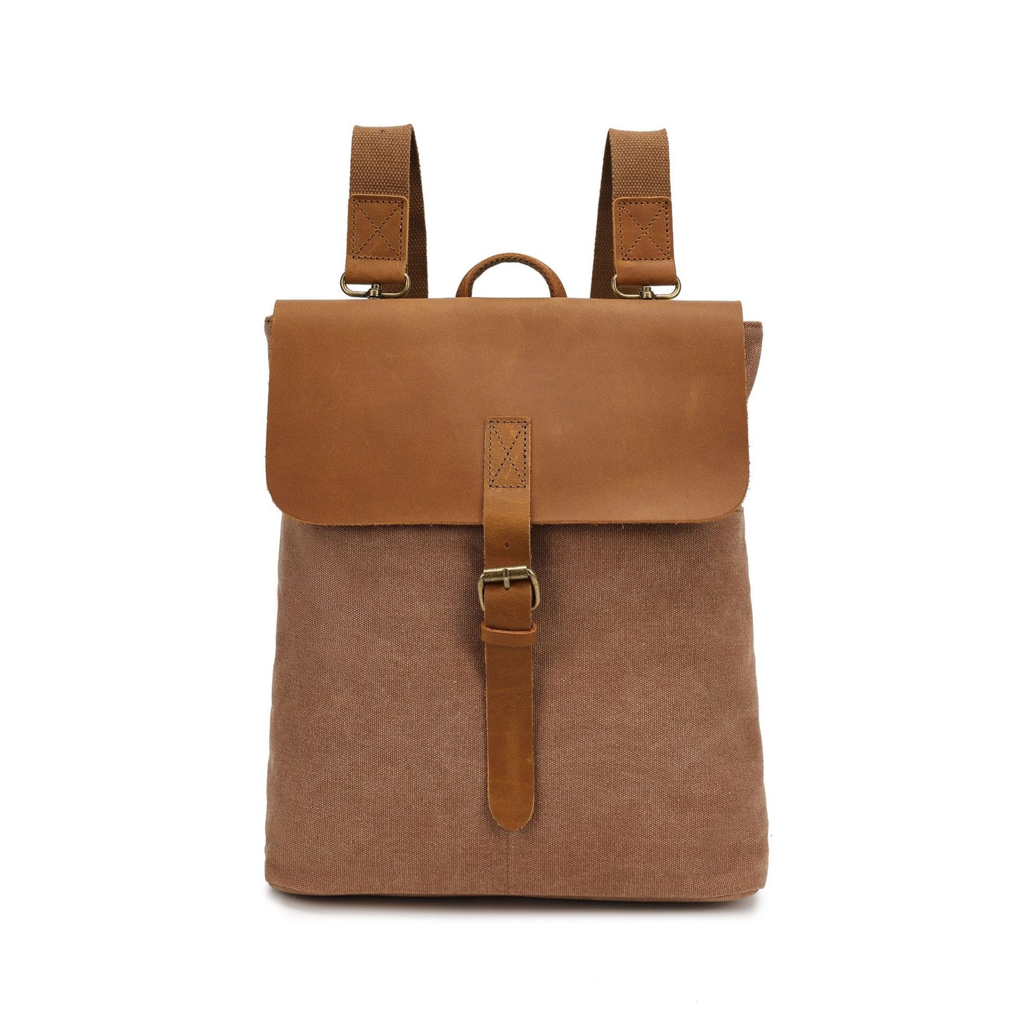 Brown backpack with leather accents on a white background