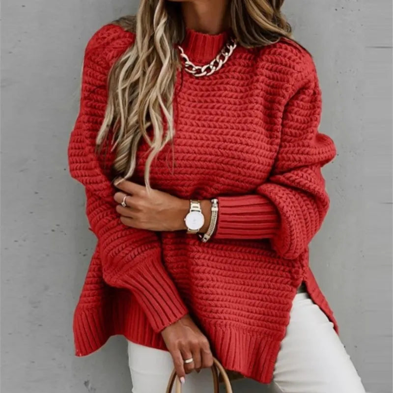 Women’s Loose Split Thick Knit Sweater – Half High Neck Long Sleeve Pullover | Korean Autumn & Winter Fashion Top