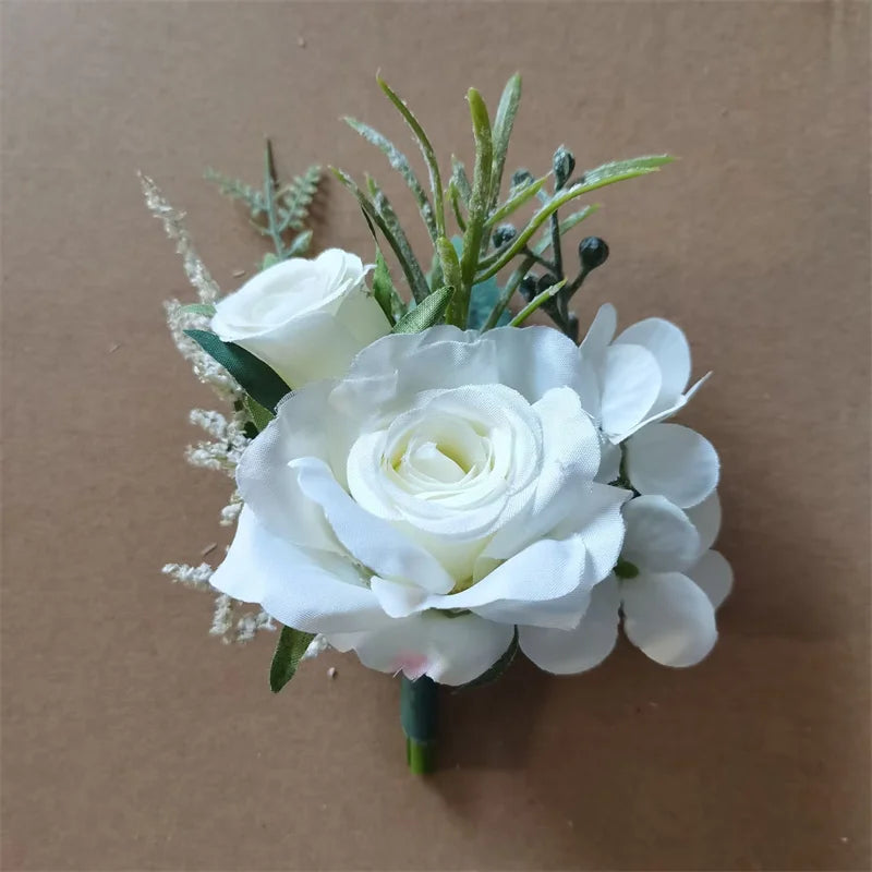 Beige Boutonnieres Flowers Artificial Roses Silk White Corsage Buttonhole Groomsmen Boutonniere for Men Wedding Accessories