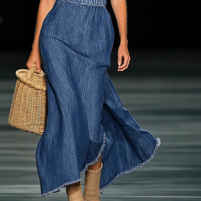 Strapless Denim Maxi Dress – Off-Shoulder 3D Floral A-Line Dress