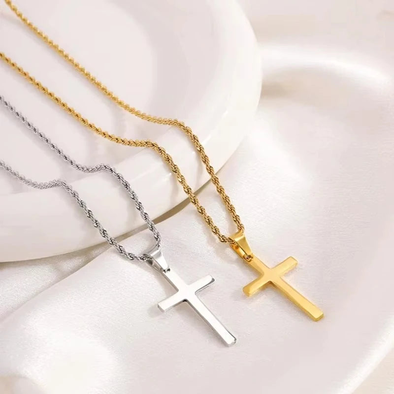 Minimalist gold cross pendant necklace for men and women.