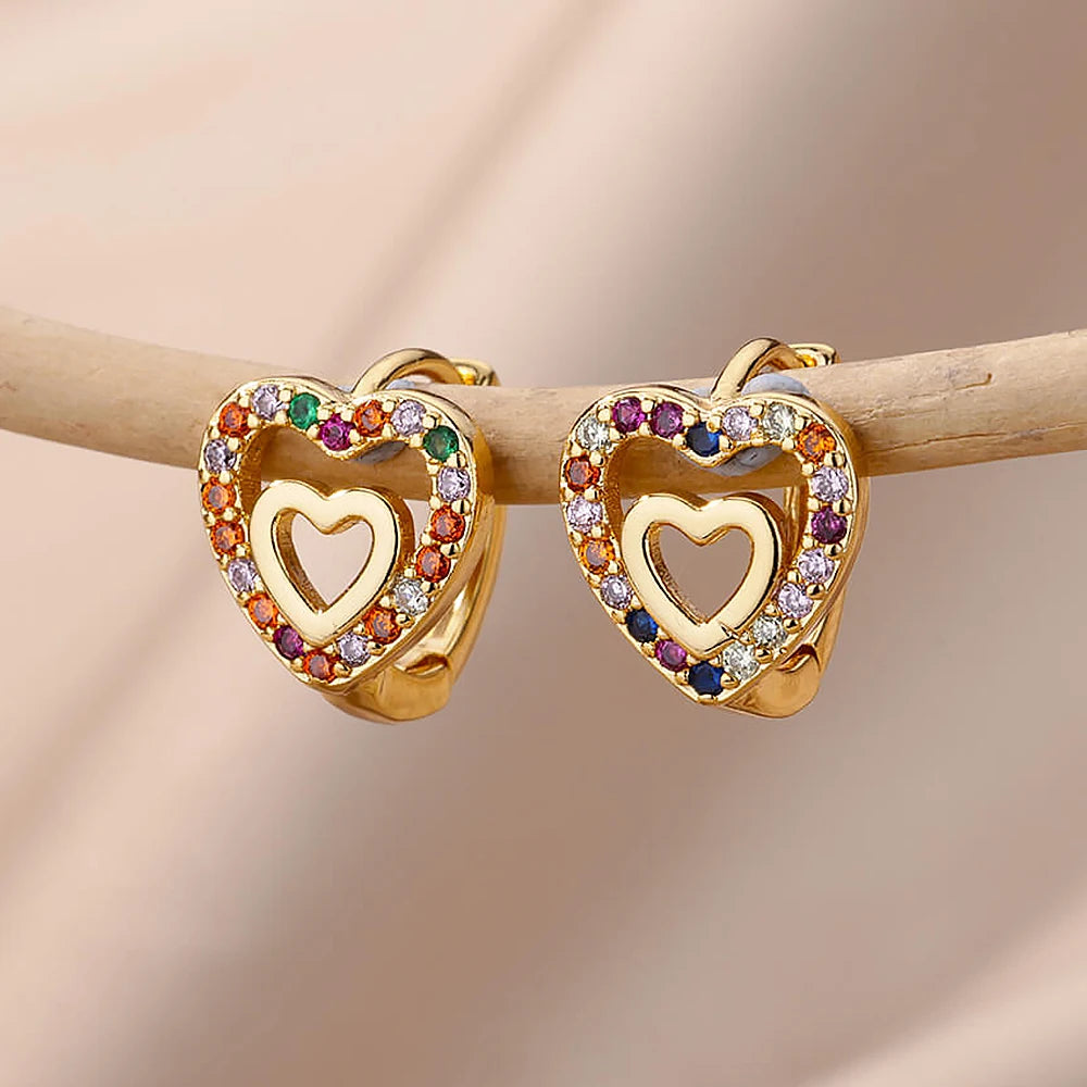 Hollow Zircon Heart Earrings – Gold Stainless Steel Luxury Jewelry for Women