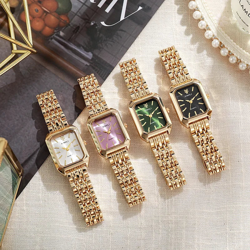 Elegant square dial quartz watch with gold stainless steel strap