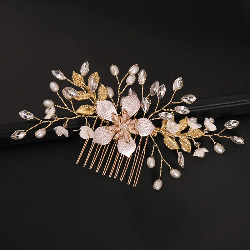 Bridal Wedding Pearl Flower Hairpin Side Comb Golden Leaf Shaped Alloy Tiaras Insert Jewelry Comb Hair Jewelry Bride Headwear