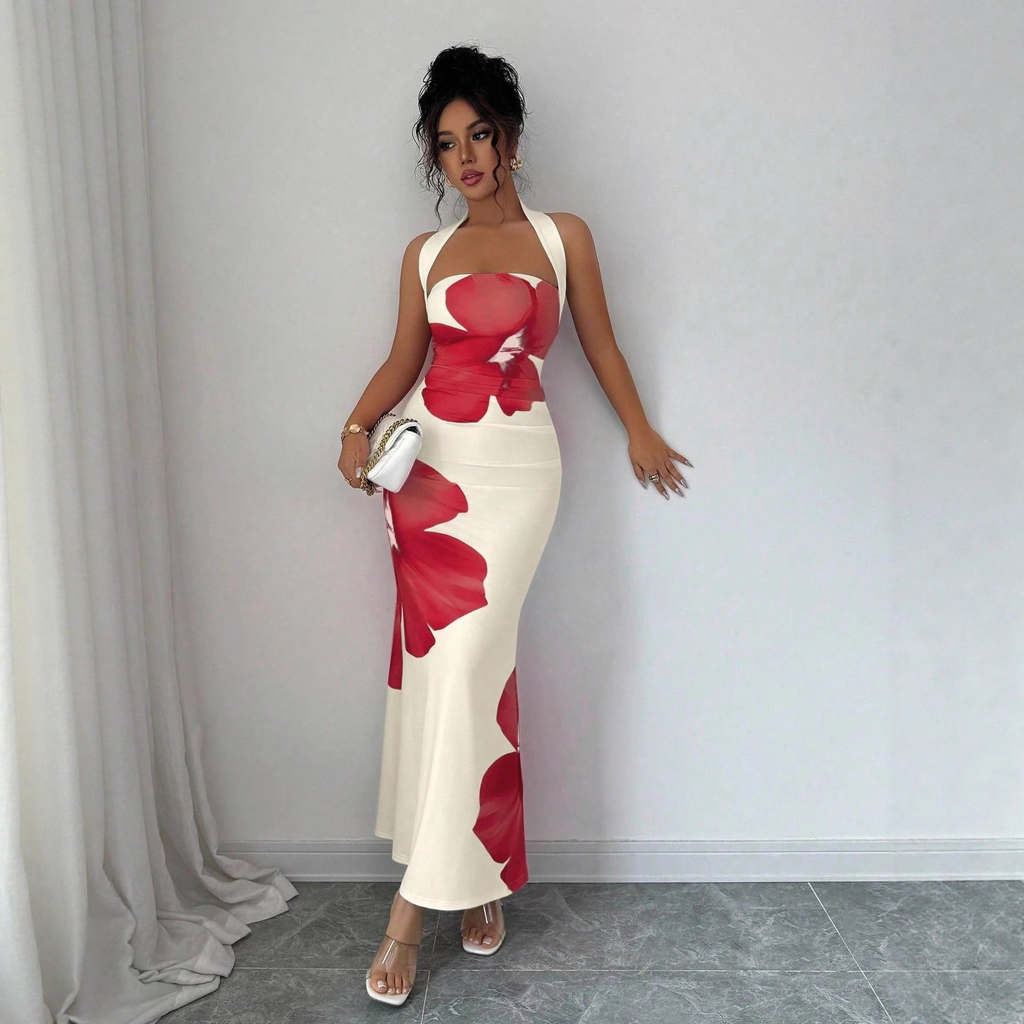 Floral Halterneck Maxi Dress – Slim Fit High Waist Evening Gown
