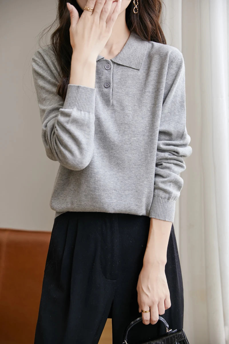 100% Cotton Polo Collar Sweater for Women – Casual Solid Knit Pullover | Long Sleeve Spring & Autumn Knitwear Top
