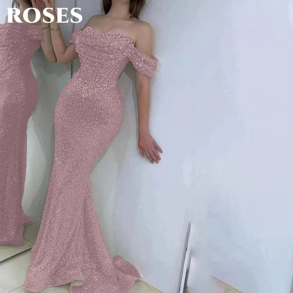 ROSES Pearl Gorgeous Prom Dress Sweetheart Off the Shoulder Hollow Prom Gown with Fishbone Shiny Sequins Formal Gown Customized