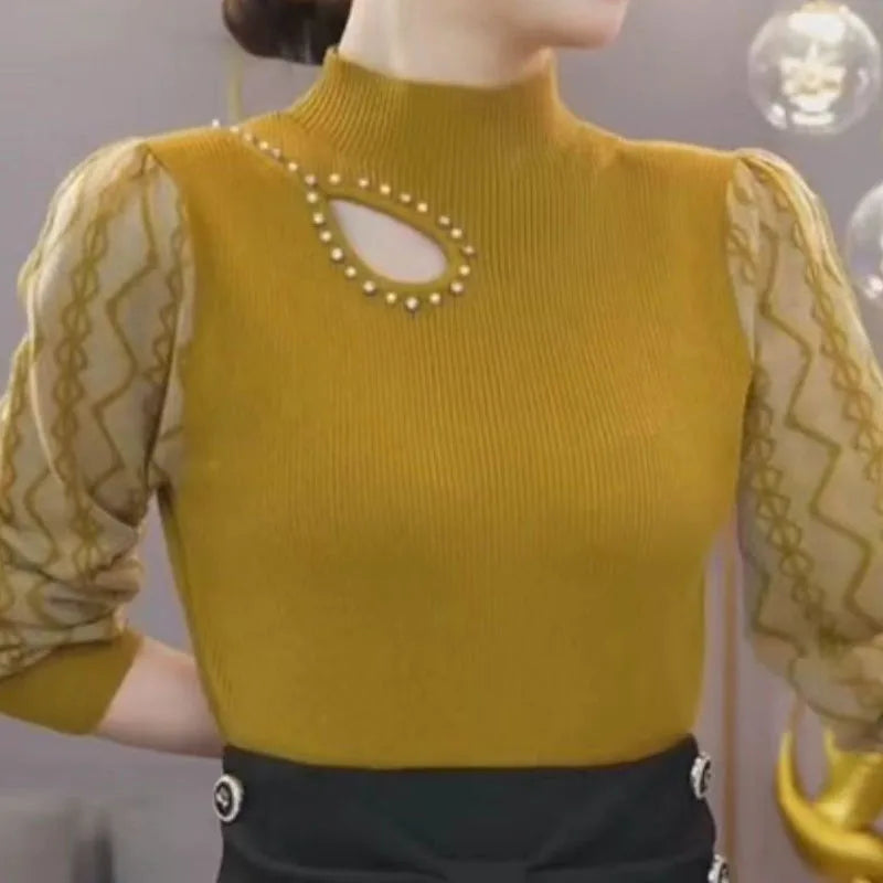 Women’s Korean Hollow-Out Sweater – Long Sleeve Half High Collar Knit Top | Autumn & Winter Casual Solid Spliced Pullover