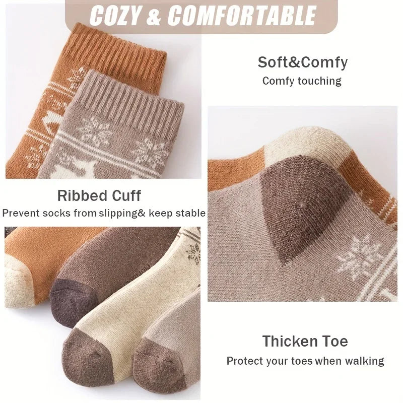Woolen socks with text highlighting features like ribbed cuff and thickened toe on a white background.