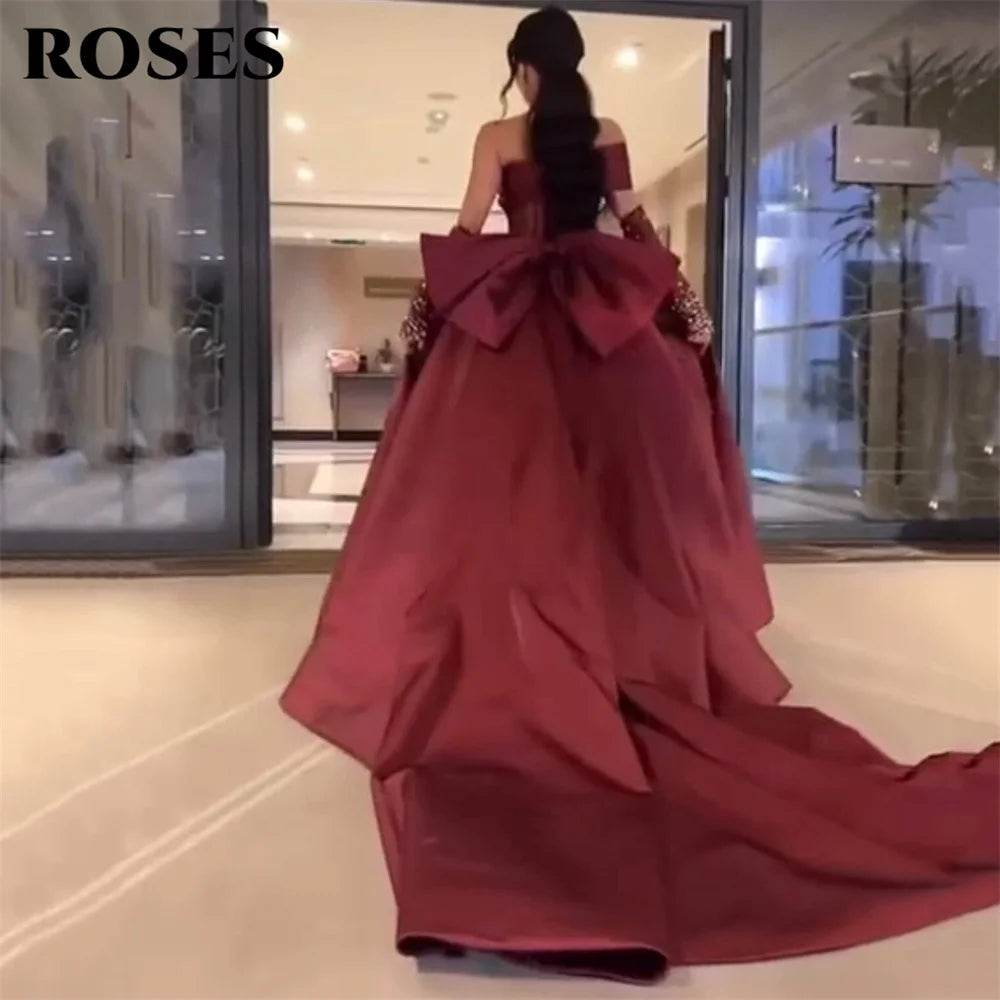 ROSES Burgundy Stain Mermaid Prom Dresses with Bow Shining Beading On Sleeve Evening Dress One Shoulder Sweetheart فساتين الحف