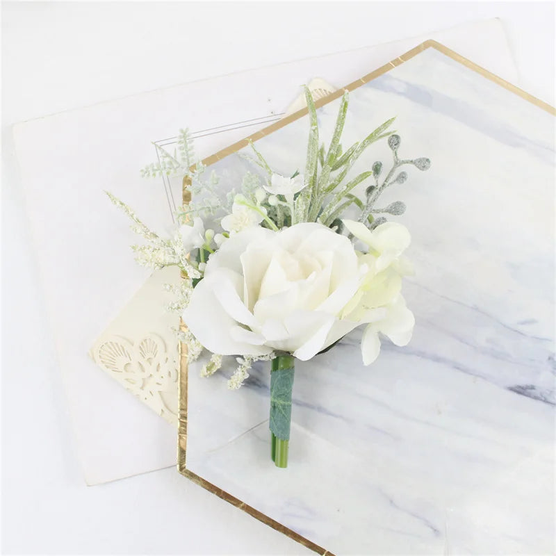 Boutonnieres Flowers Artificial White Roses Silk Ivory Corsage Buttonhole Groomsmen Boutonniere for Men Wedding Accessories