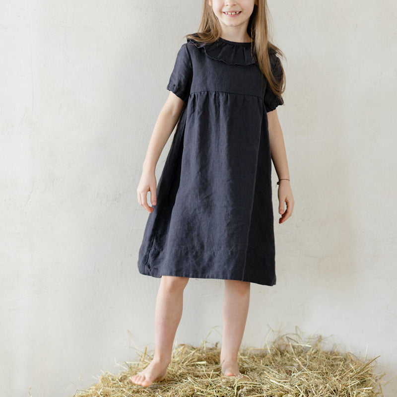 Toddler Girls Cotton Linen Ruffle Dress – Puff Sleeve Summer Dress