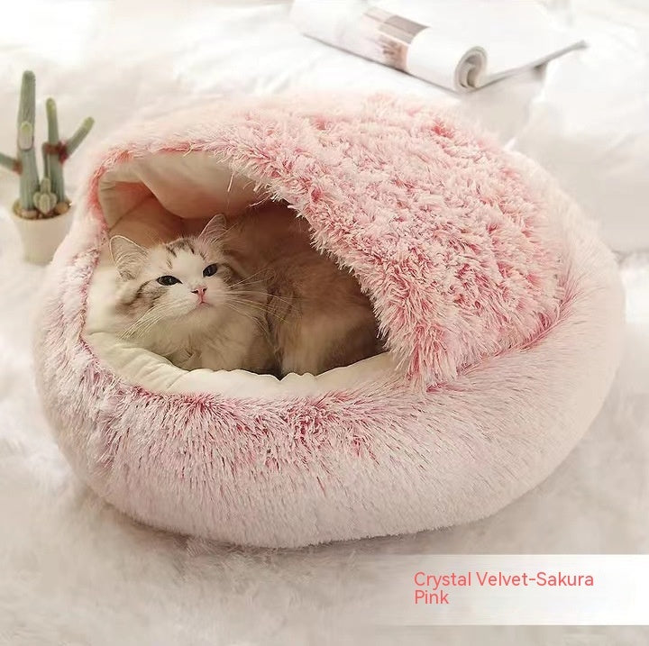 2-in-1 Dog & Cat Winter Bed – Round Plush Pet House | Soft Warm Long Plush Bed for Cats and Small Dogs