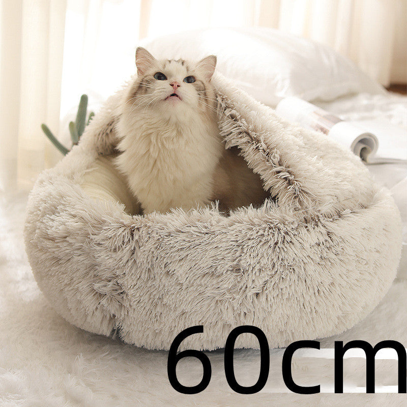 2-in-1 Dog & Cat Winter Bed – Round Plush Pet House | Soft Warm Long Plush Bed for Cats and Small Dogs
