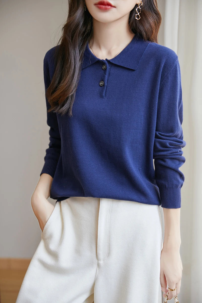 100% Cotton Polo Collar Sweater for Women – Casual Solid Knit Pullover | Long Sleeve Spring & Autumn Knitwear Top