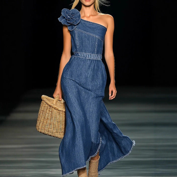 Strapless Denim Maxi Dress – Off-Shoulder 3D Floral A-Line Dress
