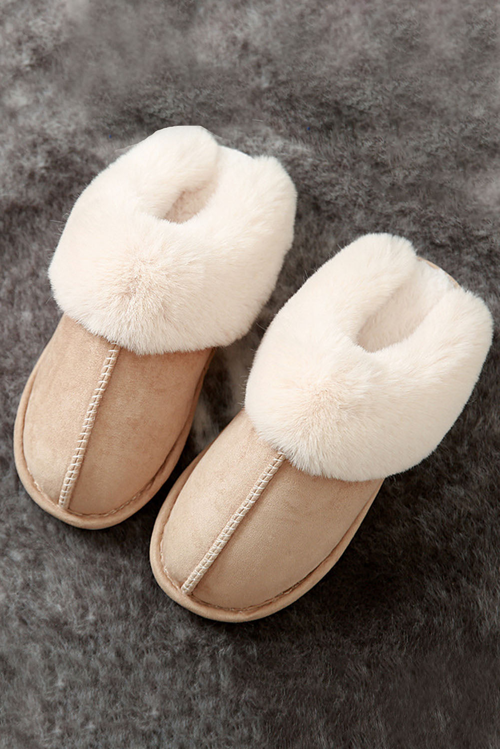 Khaki faux suede plush lined slippers – cozy winter home footwear for women
