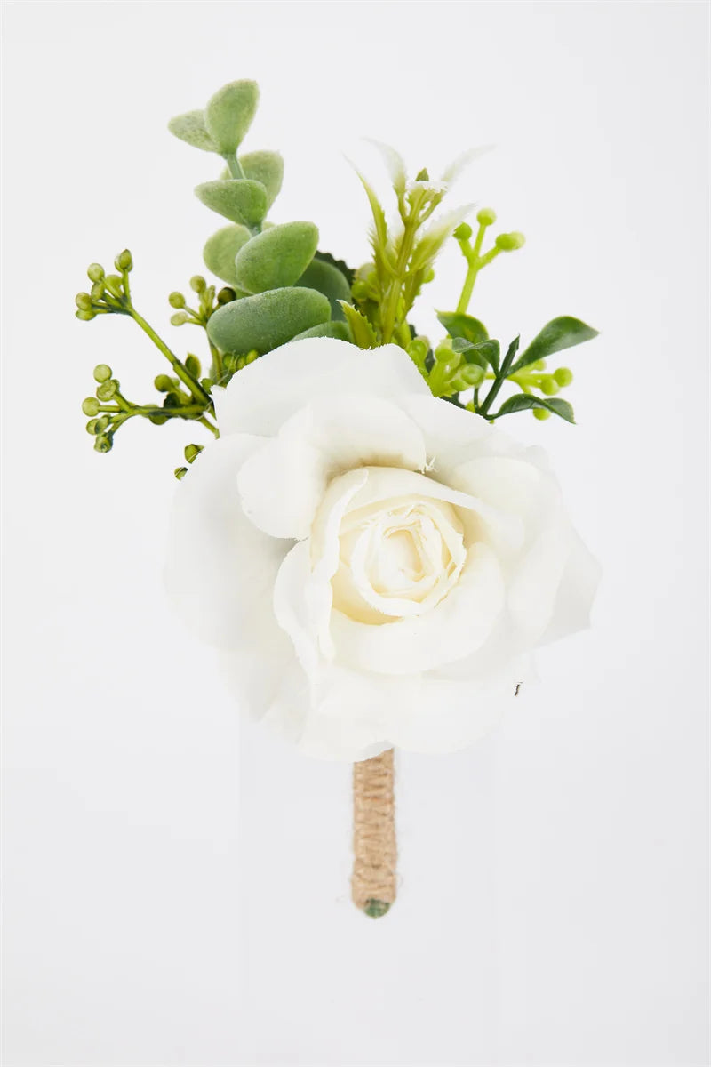 Beige Boutonnieres Flowers Artificial Roses Silk White Corsage Buttonhole Groomsmen Boutonniere for Men Wedding Accessories