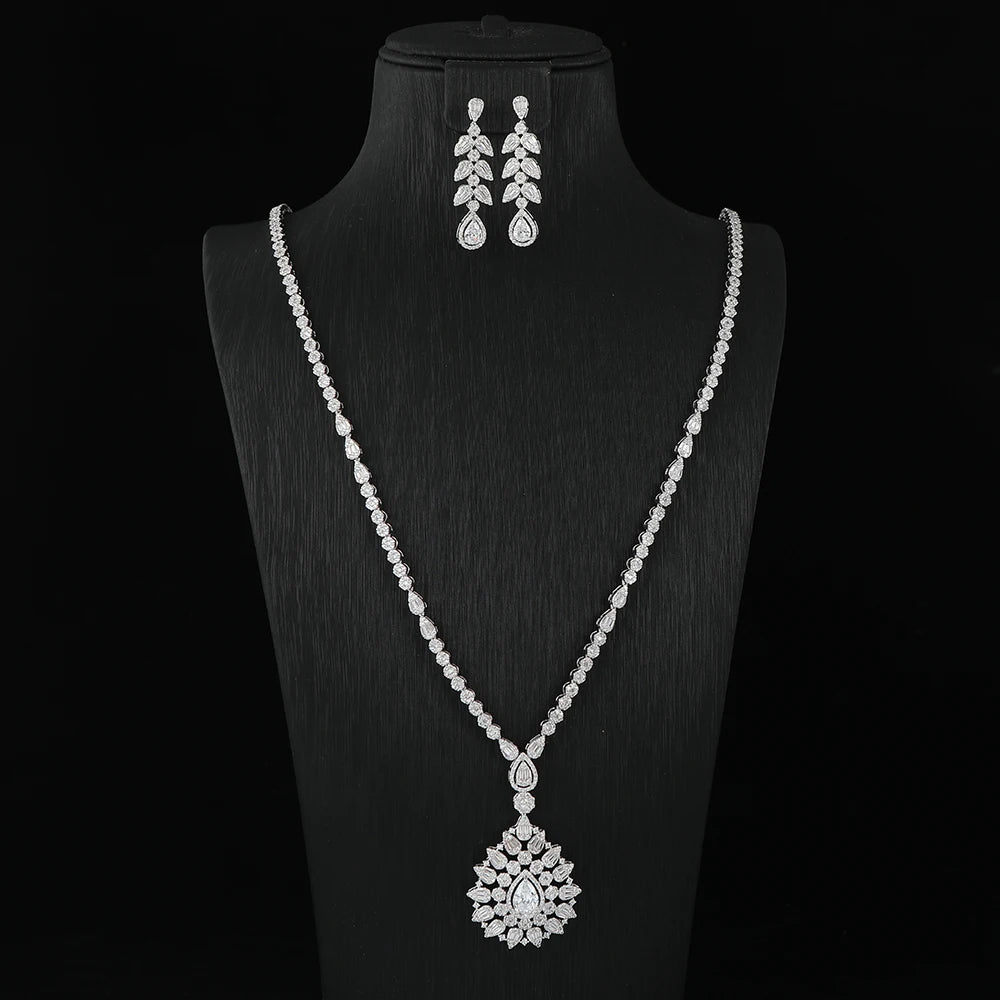 Luxury Cubic Zirconia Waterdrop Leaf Jewelry Set – Long Necklace & Earrings for Women | Elegant Bridal & Party Set