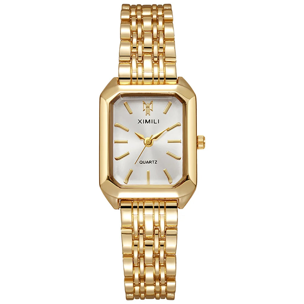 Elegant square dial gold women’s watch with minimalist scale design