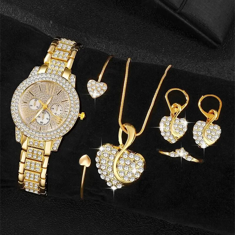 Women's Quartz Watch Gold Luxury Women Ring Necklace Earring Rhinestone Fashion Wristwatch Casual Ladies Watches Jewelry Set ﻿