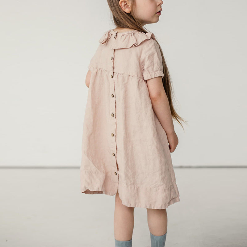 Toddler Girls Cotton Linen Ruffle Dress – Puff Sleeve Summer Dress