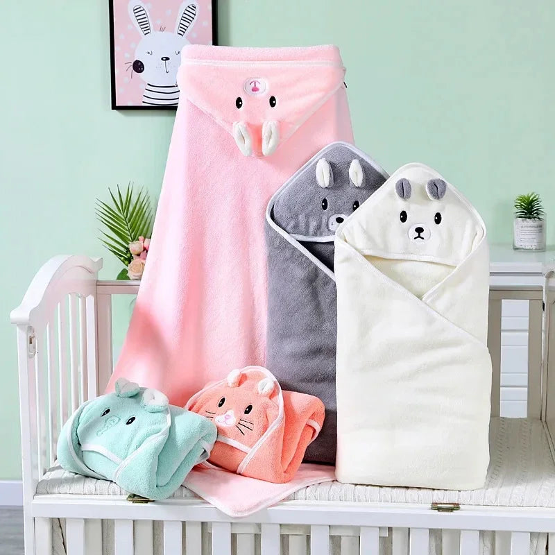 Baby Hooded Bath Towel Blanket – Soft Coral Fleece Cartoon Animal Wrap | Newborn & Toddler Swaddle Bathrobe (0–2 Years)