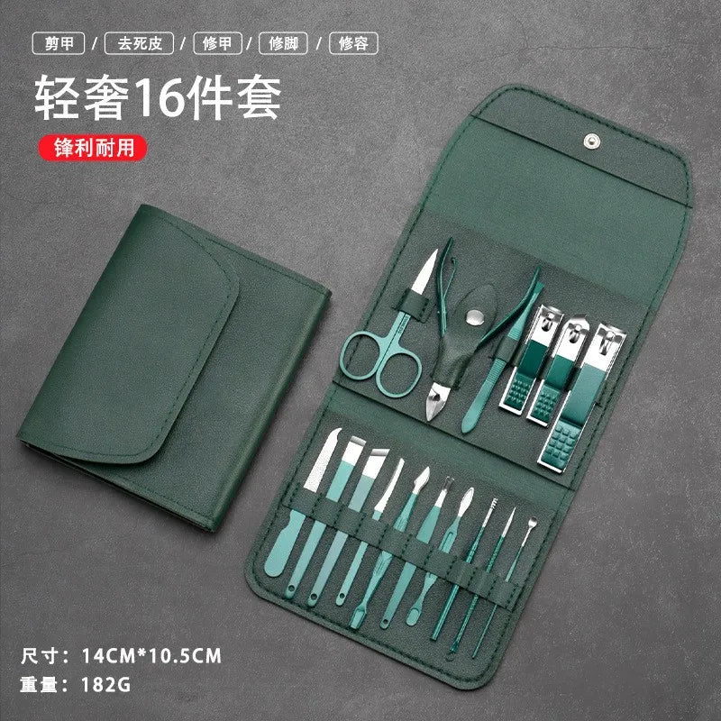 16pcs Professional Nail Clippers and Cuticle Nippers Set With Leather Portable Case Idea Gift,Manicure Set Full Function