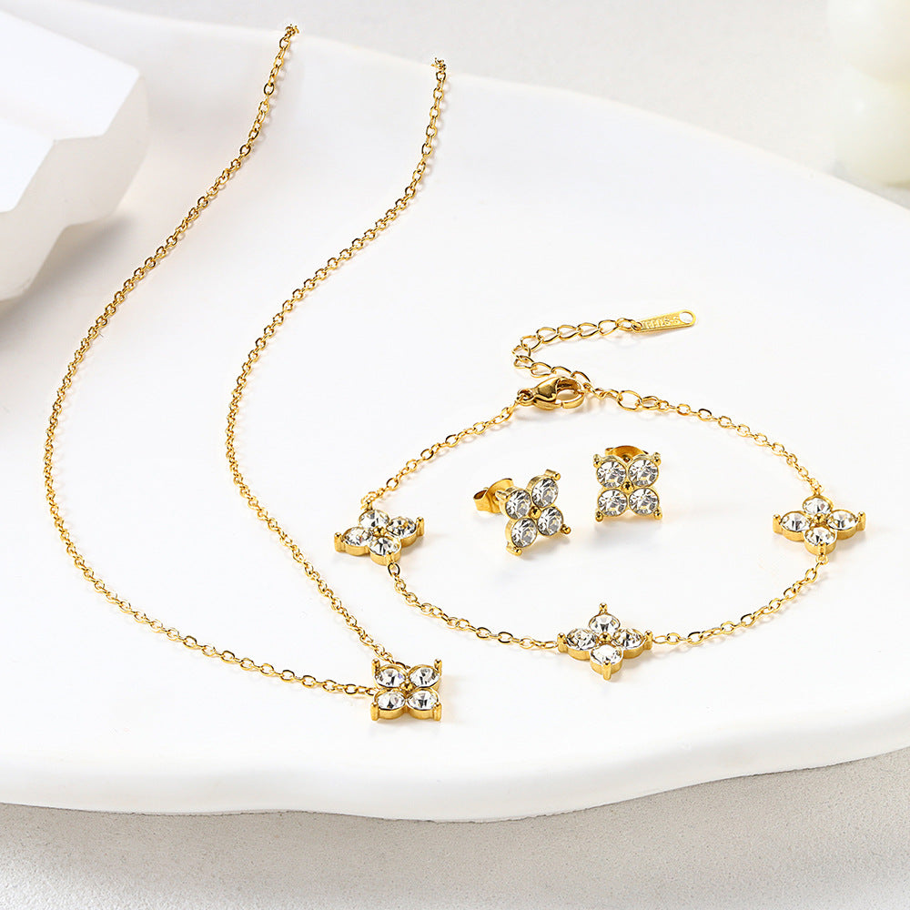 French Baby's Breath Crystal Jewelry Set – Necklace, Bracelet & Stud Earrings