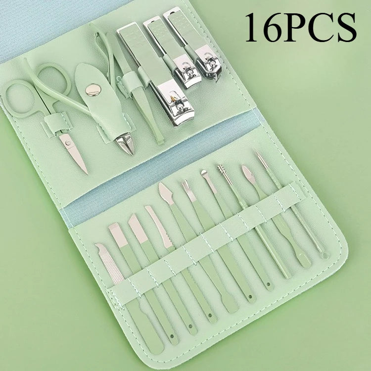 16pcs Professional Nail Clippers and Cuticle Nippers Set With Leather Portable Case Idea Gift,Manicure Set Full Function