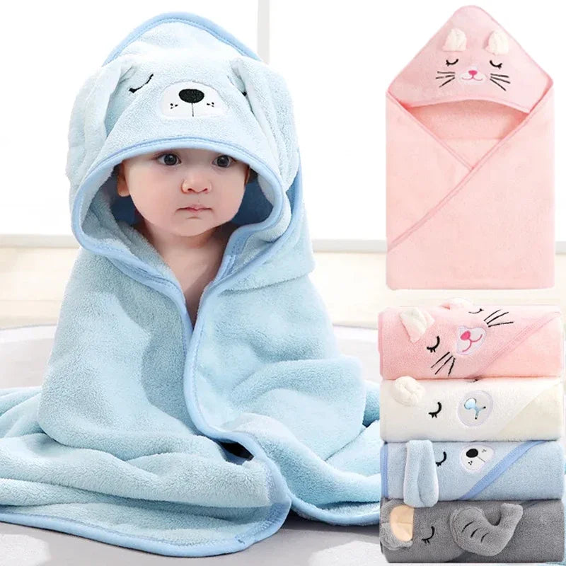 Baby Hooded Bath Towel Blanket – Soft Coral Fleece Cartoon Animal Wrap | Newborn & Toddler Swaddle Bathrobe (0–2 Years)