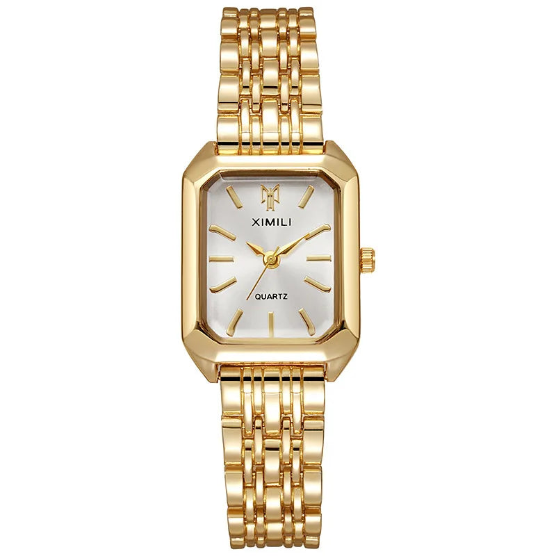 Luxury gold-plated women’s square quartz watch with stainless steel bracelet