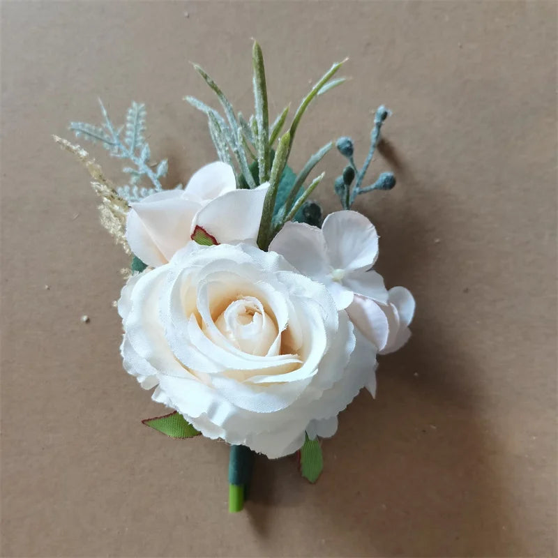Beige Boutonnieres Flowers Artificial Roses Silk White Corsage Buttonhole Groomsmen Boutonniere for Men Wedding Accessories