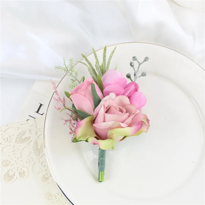 Boutonnieres Flowers Artificial White Roses Silk Ivory Corsage Buttonhole Groomsmen Boutonniere for Men Wedding Accessories