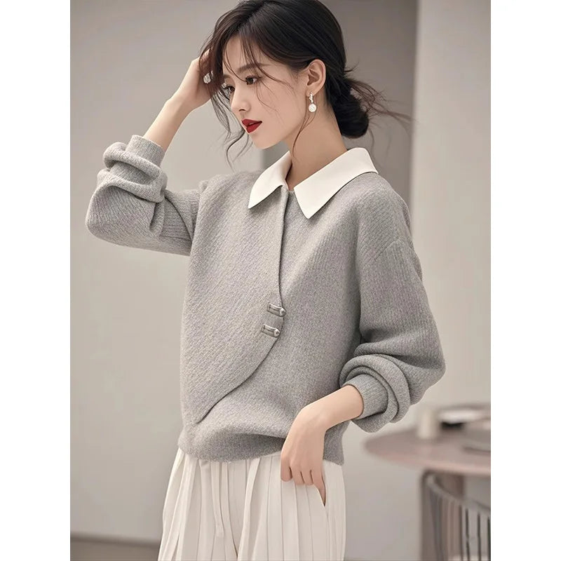 Women’s Office Chic Gray Fake Two-Piece Sweater – Korean Fashion Loose Knit Top | Spring Business Casual Pullover