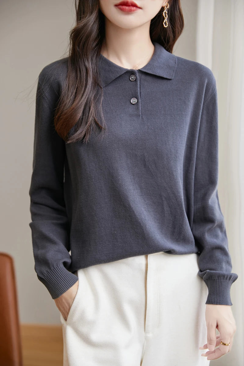 100% Cotton Polo Collar Sweater for Women – Casual Solid Knit Pullover | Long Sleeve Spring & Autumn Knitwear Top