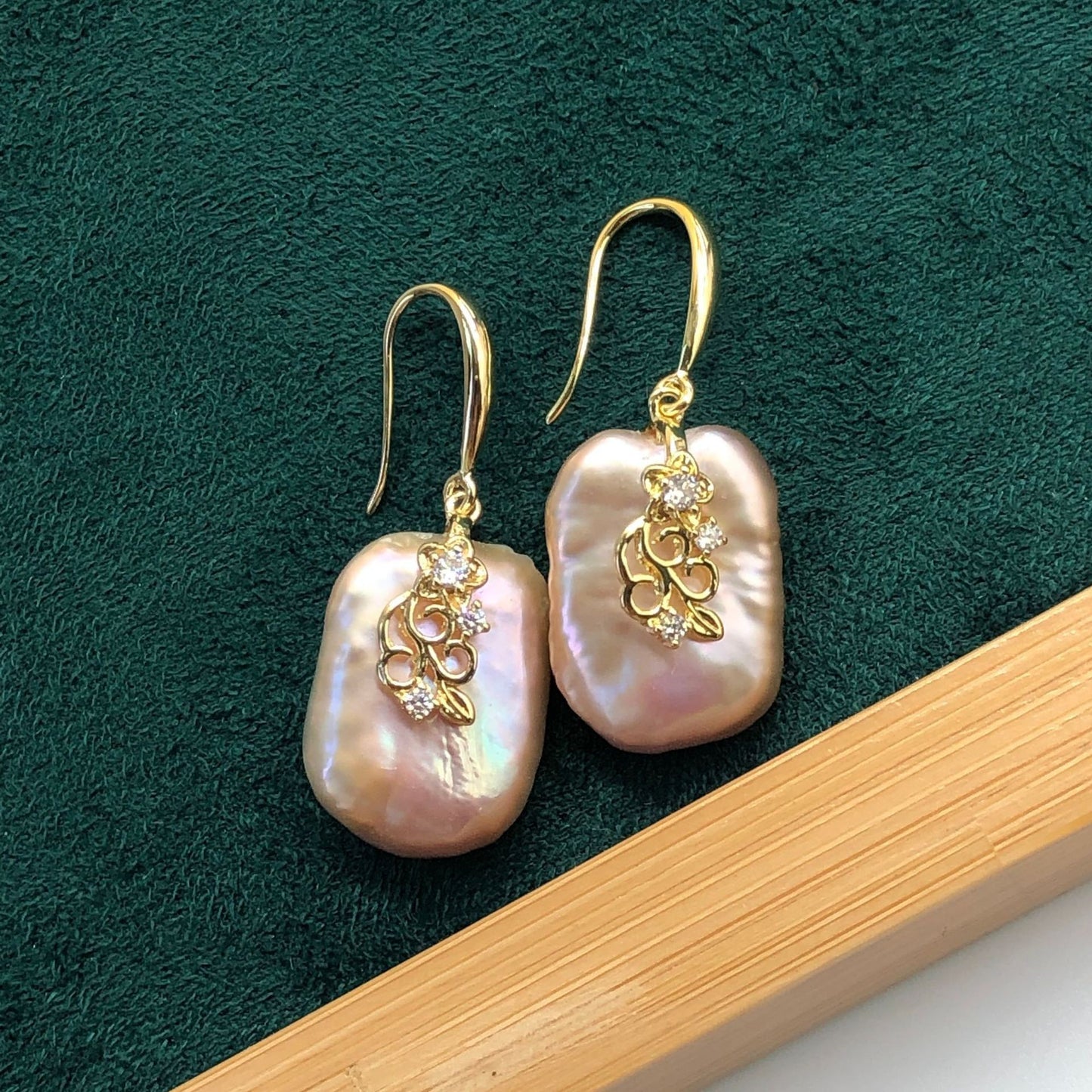 Natural Baroque Pearl Drop Earrings with Floral Detail