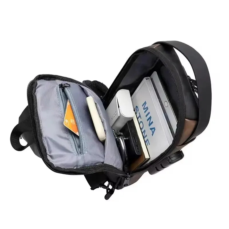 Hidden zippers and USB charging port on modern anti-theft sling bag