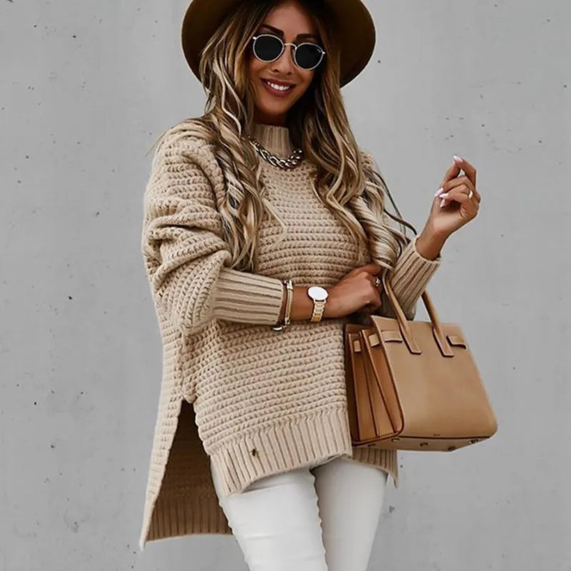 Women’s Loose Split Thick Knit Sweater – Half High Neck Long Sleeve Pullover | Korean Autumn & Winter Fashion Top