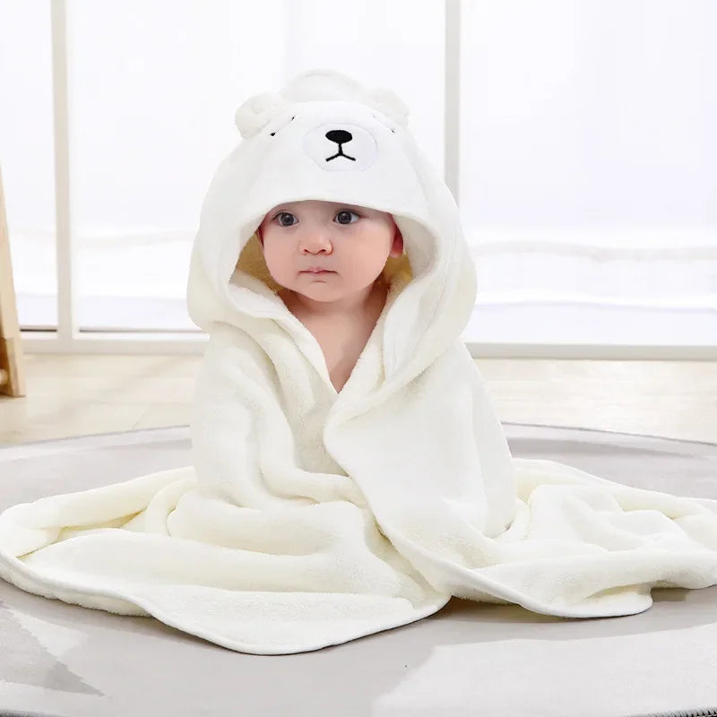 Baby Hooded Bath Towel Blanket – Soft Coral Fleece Cartoon Animal Wrap | Newborn & Toddler Swaddle Bathrobe (0–2 Years)